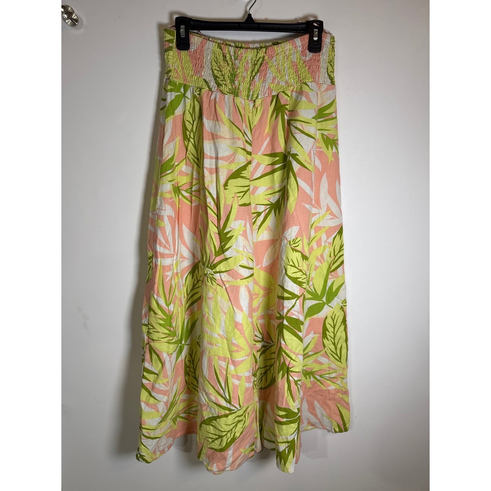 CeCe Tropical Leaf Print Smocked Waist Wide Leg Pants Green Peach Medium